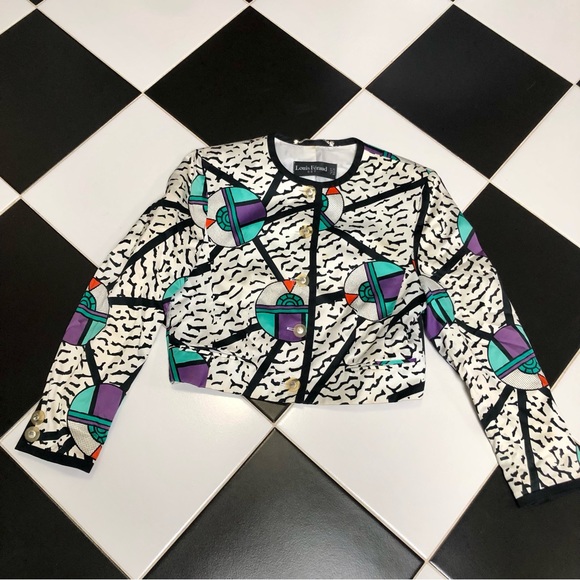 Vintage 80s Louis Feraud Multicolored Memphis Pattern Multicolor Blazer Jacket 6 - Picture 4 of 15